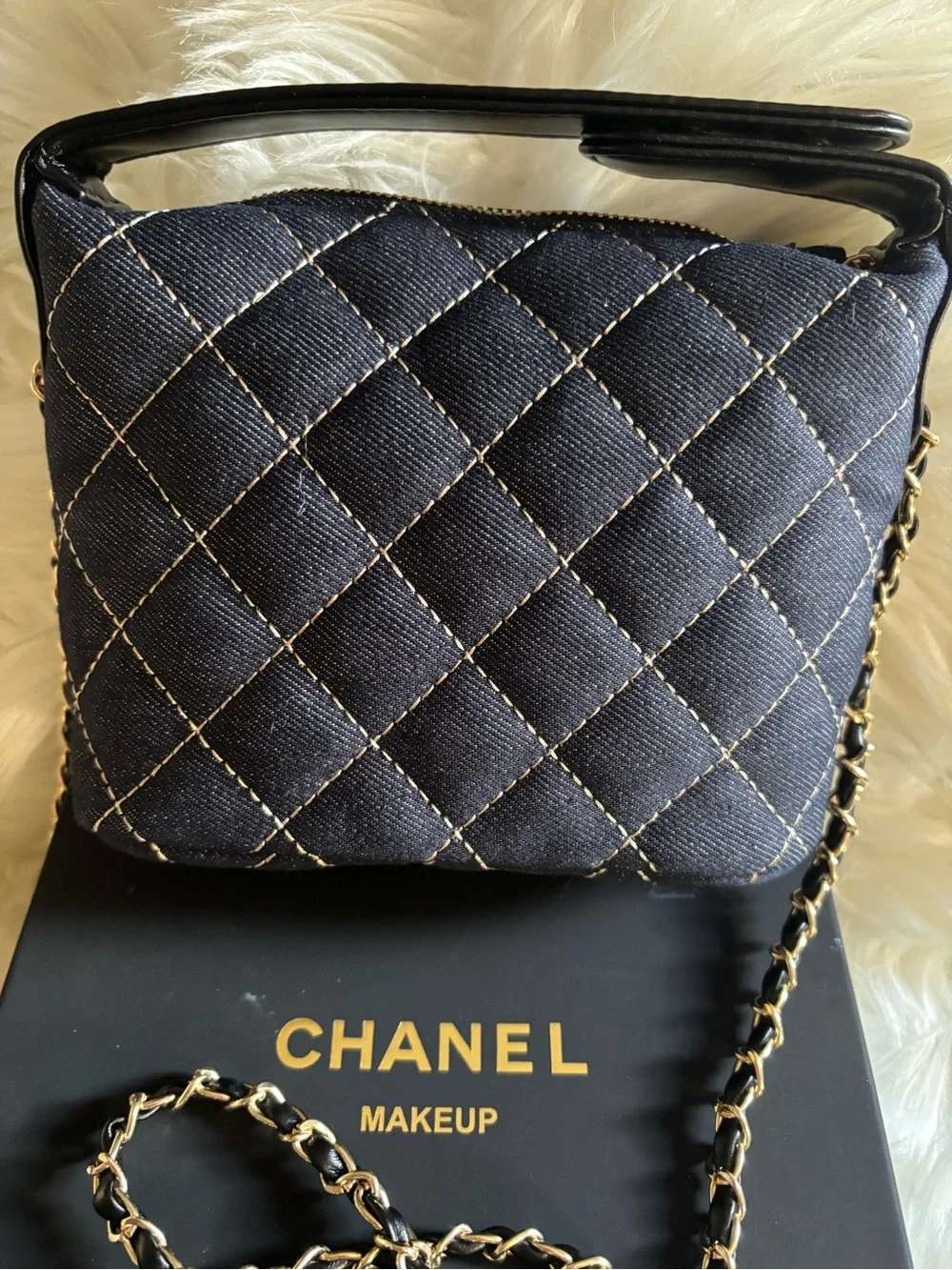 CC Beauty Makeup Quilted Chain Shoulder Bag in Blue with Gold Hardware